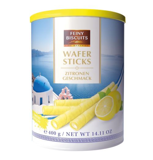runde Dose mit Waffelröllchen mit Zitronenfüllung