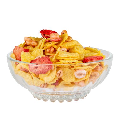 Cornflakes mit Erdbeer Flakes in Glasschale