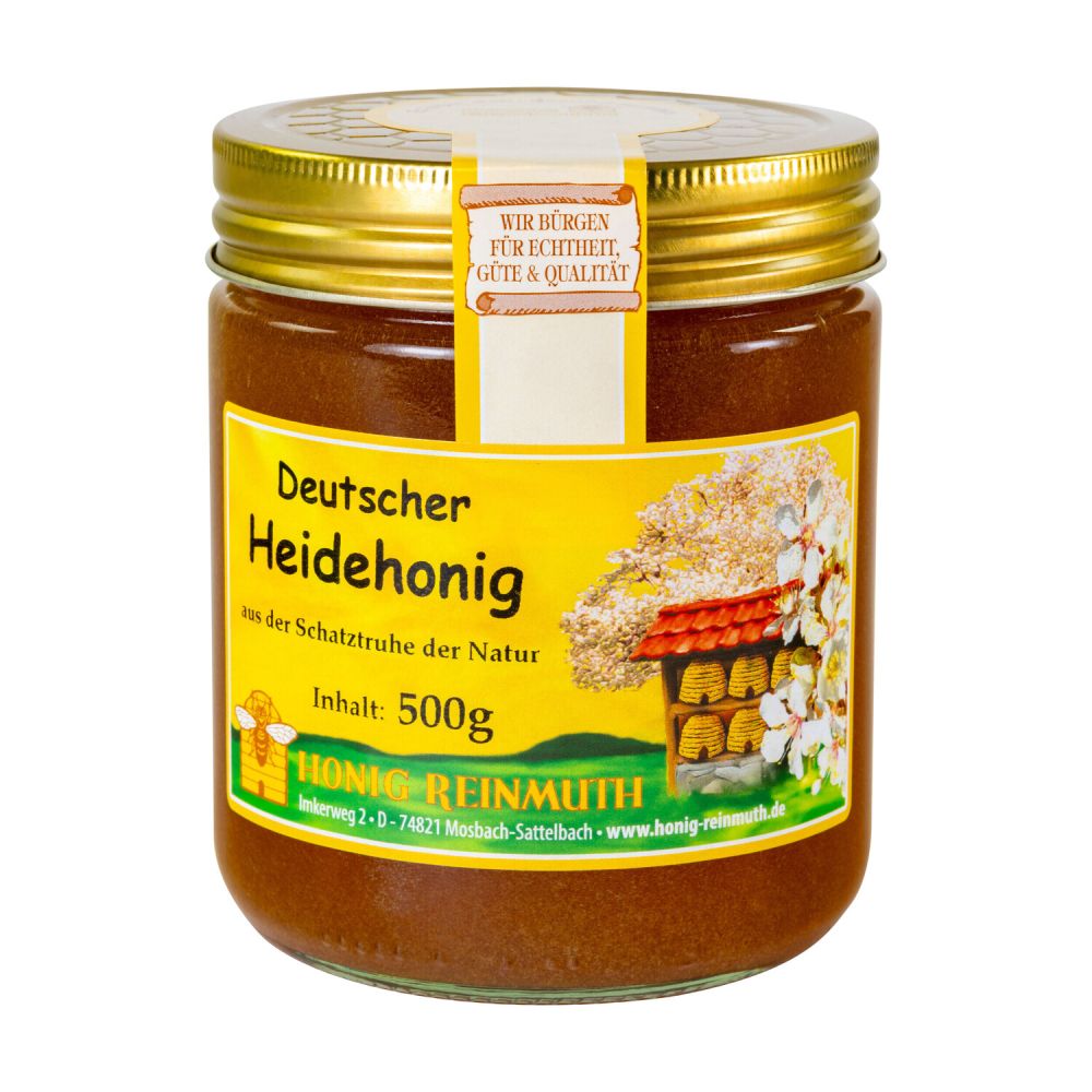 Glas mit goldenem Deckel und Etikett mit Banderole, gefüllt mit Honig