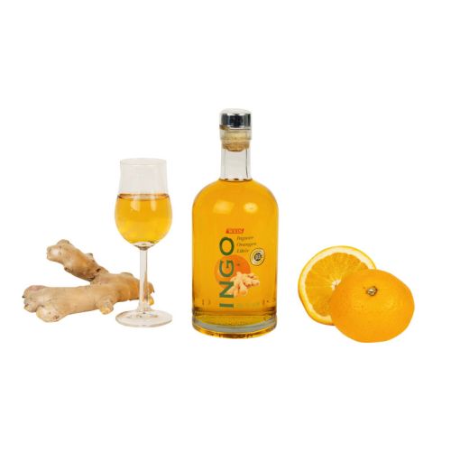 Ingwer-Orange-Likör im Likör Glas mit Ingwer und Orangen neben der Flasche