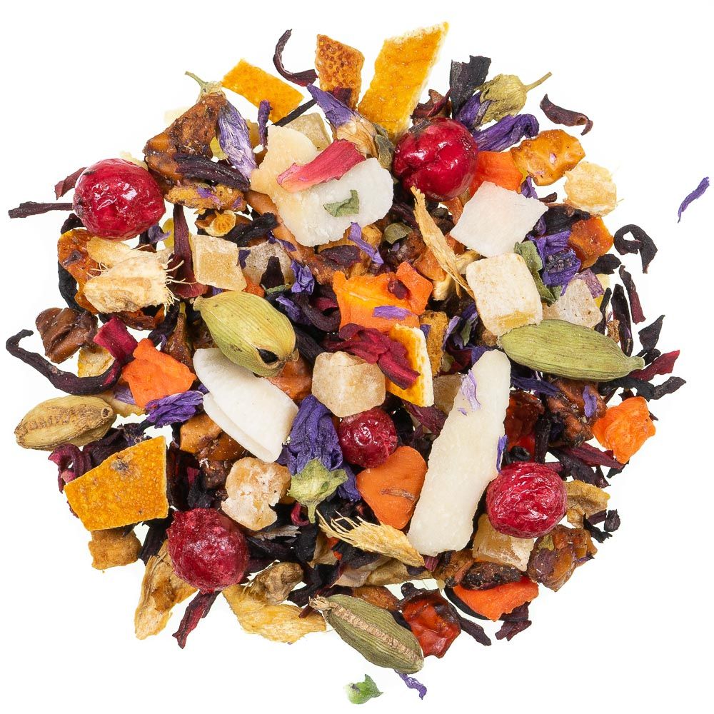 bunte Früchteteemischung auf hellem Untergrund