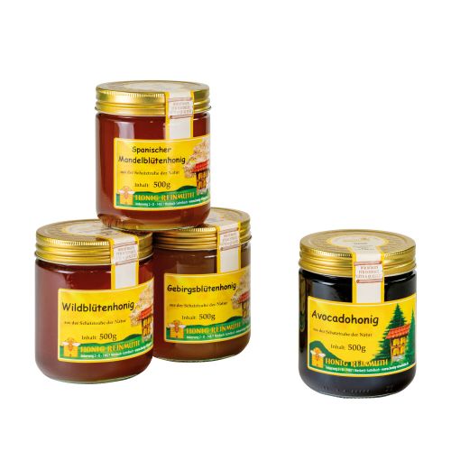 4 Gläser Honig mit goldenem Deckel und Etikett
