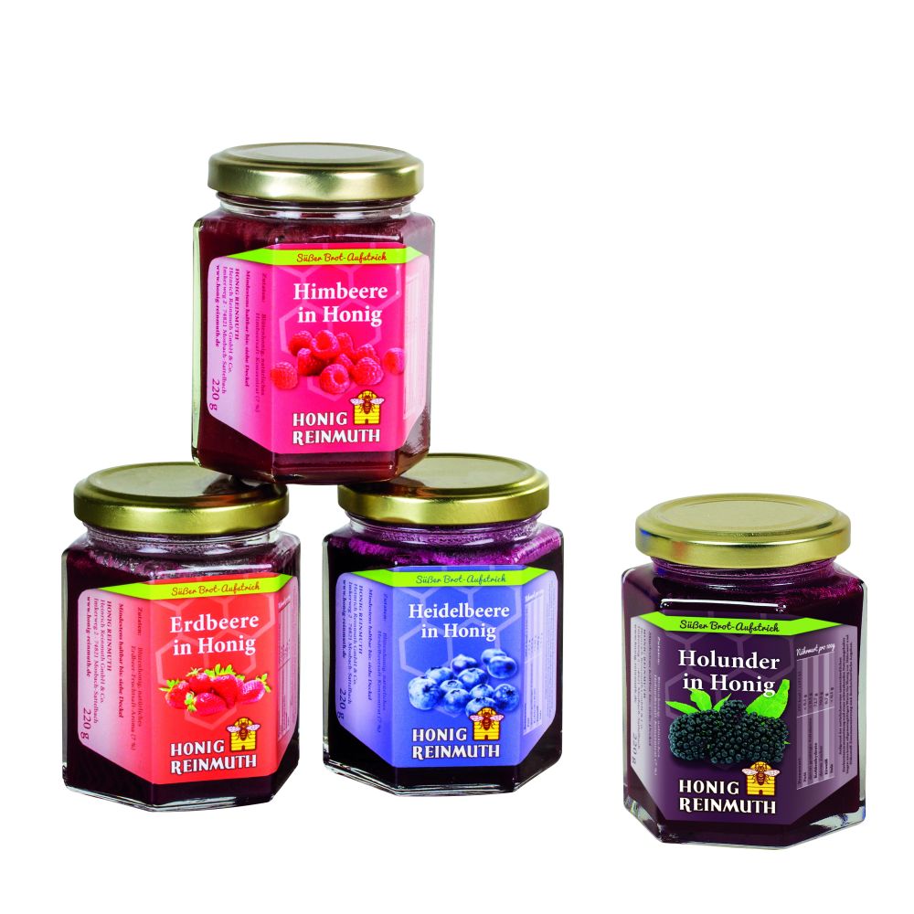 vier 6-Eck Gläser mit goldenem Deckel und Etiketten 