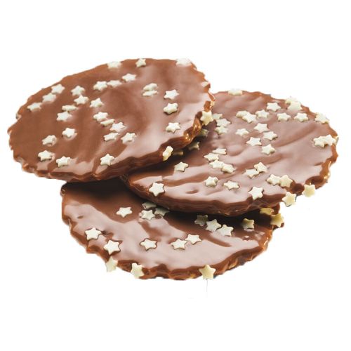 drei runde Waffeln mit schokoguss und weißen sternchen