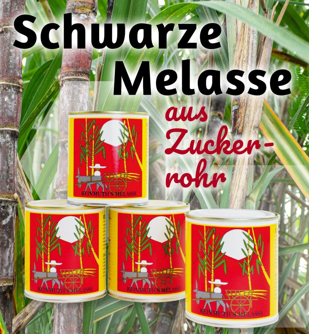 Vier Dosen schwarze Melasse von einem Hintergrundbild mit Zuckerrohr