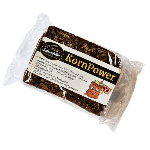 abgepacktes Kornpower Brot in einer Cellophantüte mit Etikett