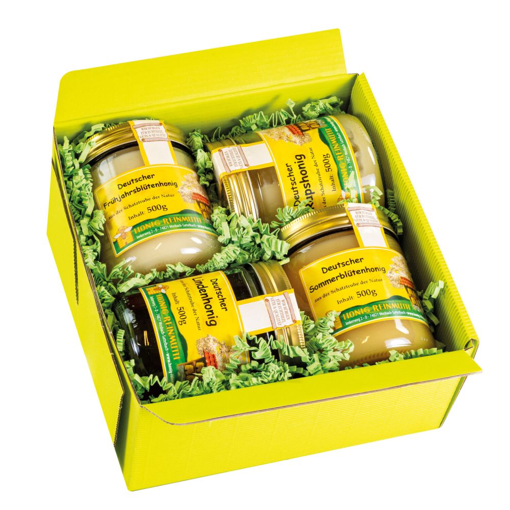 4 Glas deutscher Honig in gelber schachtel mit grünem Sissel