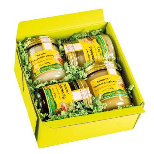4 Glas deutscher Honig in gelber schachtel mit grünem Sissel