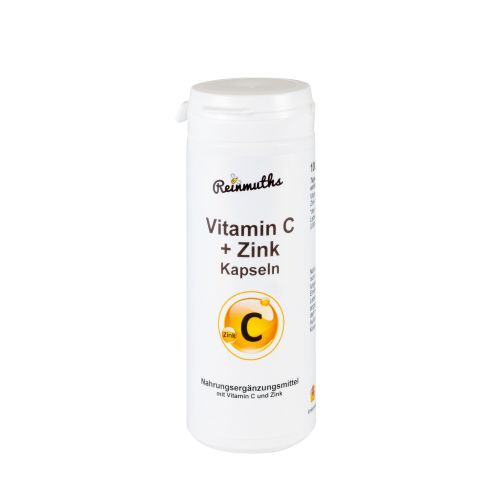längliche Dose mit Beschriftung Vitamin C + Zink Kapseln