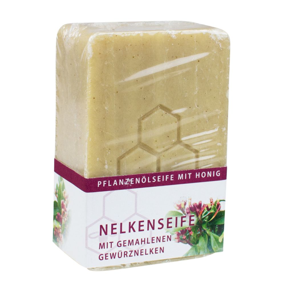 Gemahlene Gewürznelken verwöhnen die Sinne mit dem typischen würzigen Aroma. Nelkenseife mit Honig 100 g Block