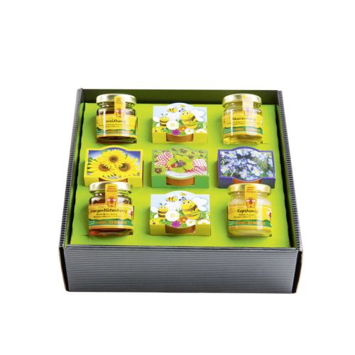 Osterwiese Geschenkset mit vier Honigen und fünf Pflanzsets