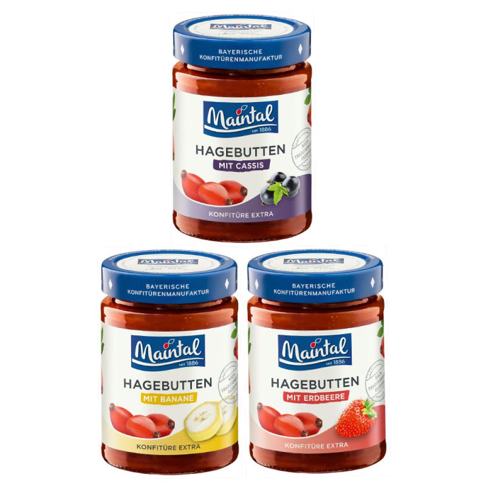 3 Gläser mit Etikett Hagebutten mit Erdbeere, Banane und Johannisbeere