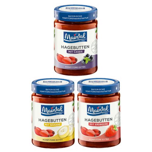 3 Gläser mit Etikett Hagebutten mit Erdbeere, Banane und Johannisbeere