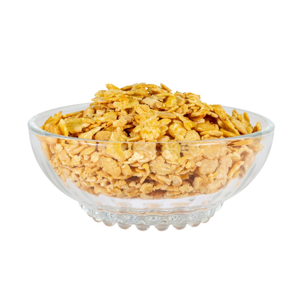 Glaschale gefüllt mit Sojaflocken