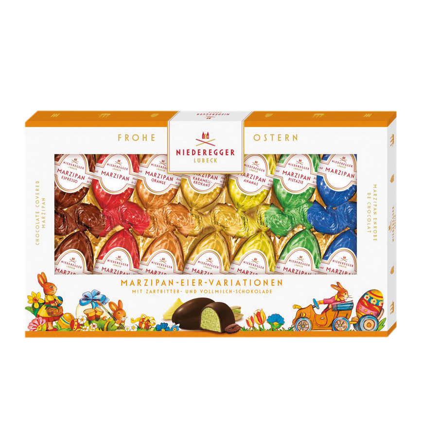 Karton mit Sichtfenster und Verzierung gefüllt mit Ostereiern von Niederegger