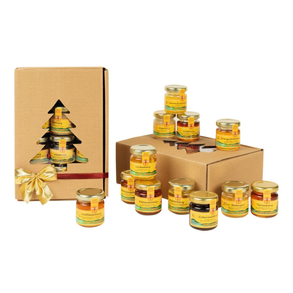 Honig Tanne 12 verschiedene Probier-Honige im Karton mit Tannenausschnitt