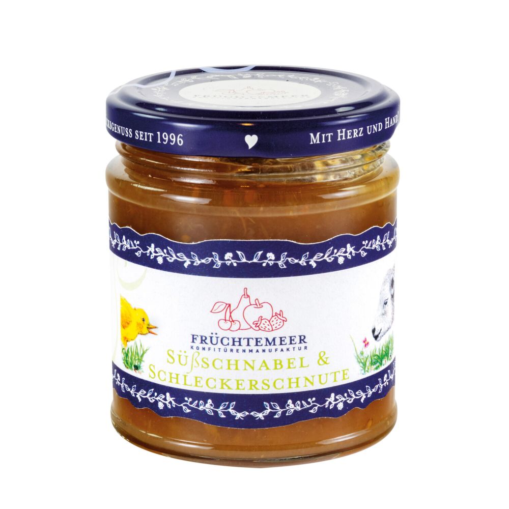 Glas mit blauem Deckel und Etikett, gefüllt mit Fruchtaufstrich