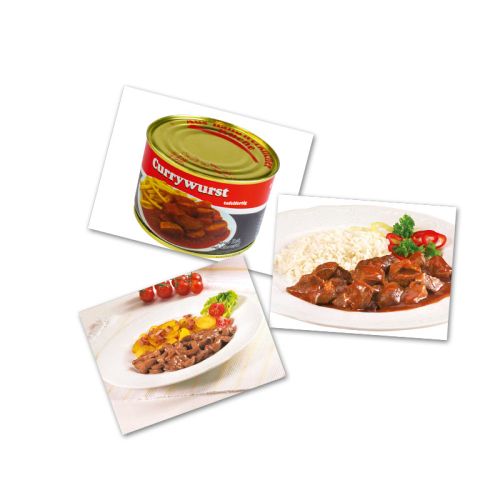 Je eine Dose Delikatess Gulasch, Saure Nieren und Currywurst