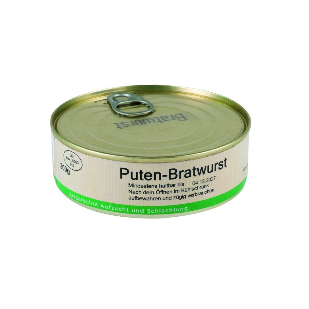 Puten Bratwurst in der Dose, geschlossen, mit Etikett