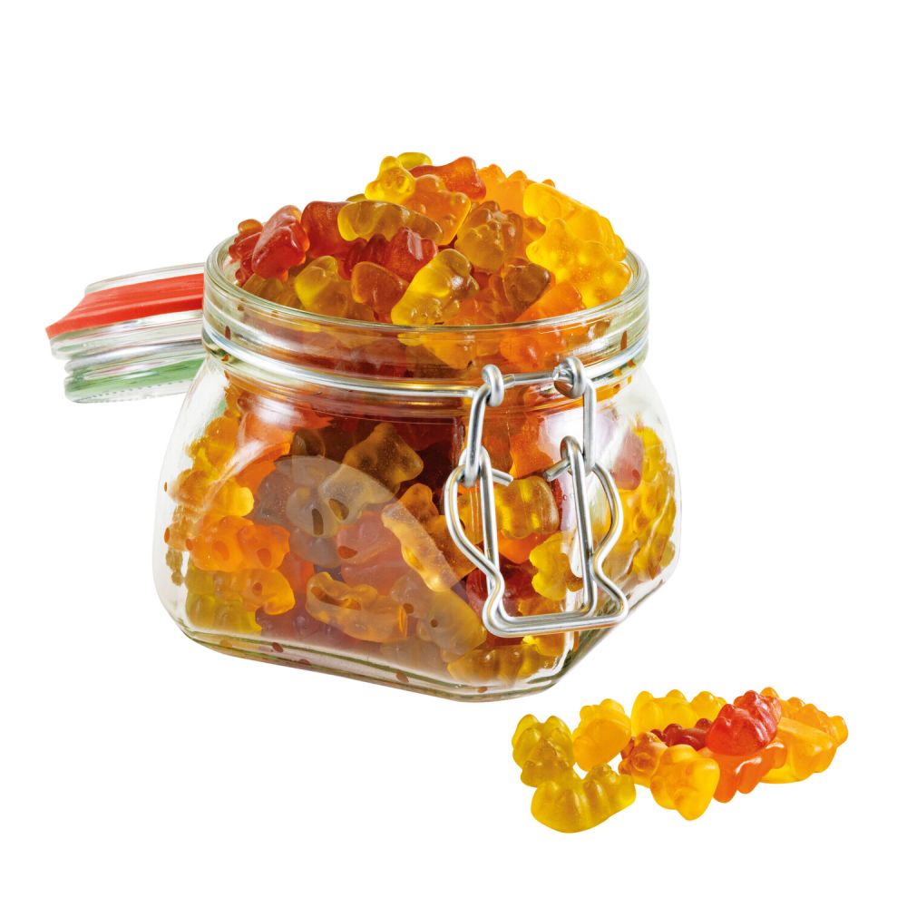 offenes Bügelglas gefüllt mit Frucht Honig Bärchen, verschiedene Farben