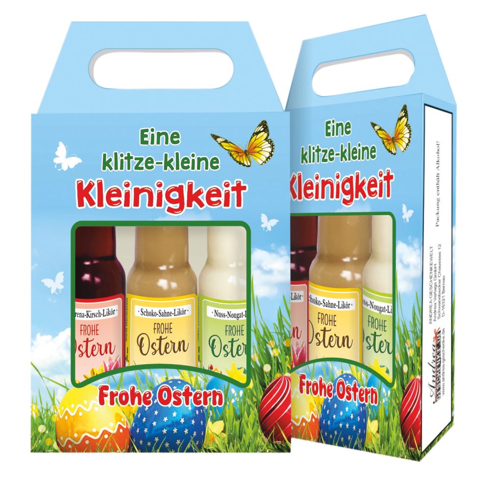 ein Karton frontal, einer seitlich mit Sichtfenster, darinnen 3 Fläschen zu erkennen. Die Kartons beschriftet und bunte Ostereier und Schmetterlinger aufgedruckt