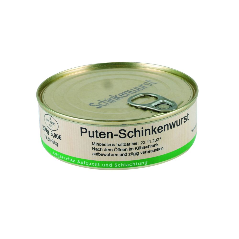 eine Dose Putenschinkenwurst, geschlossen, mit Etikett