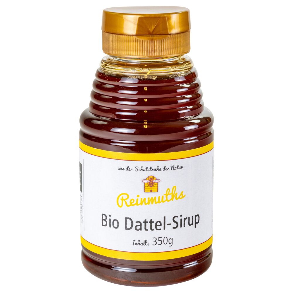 PET-Spenderflasche mit Etikett mit Bio-Dattel-Sirup gefüllt.