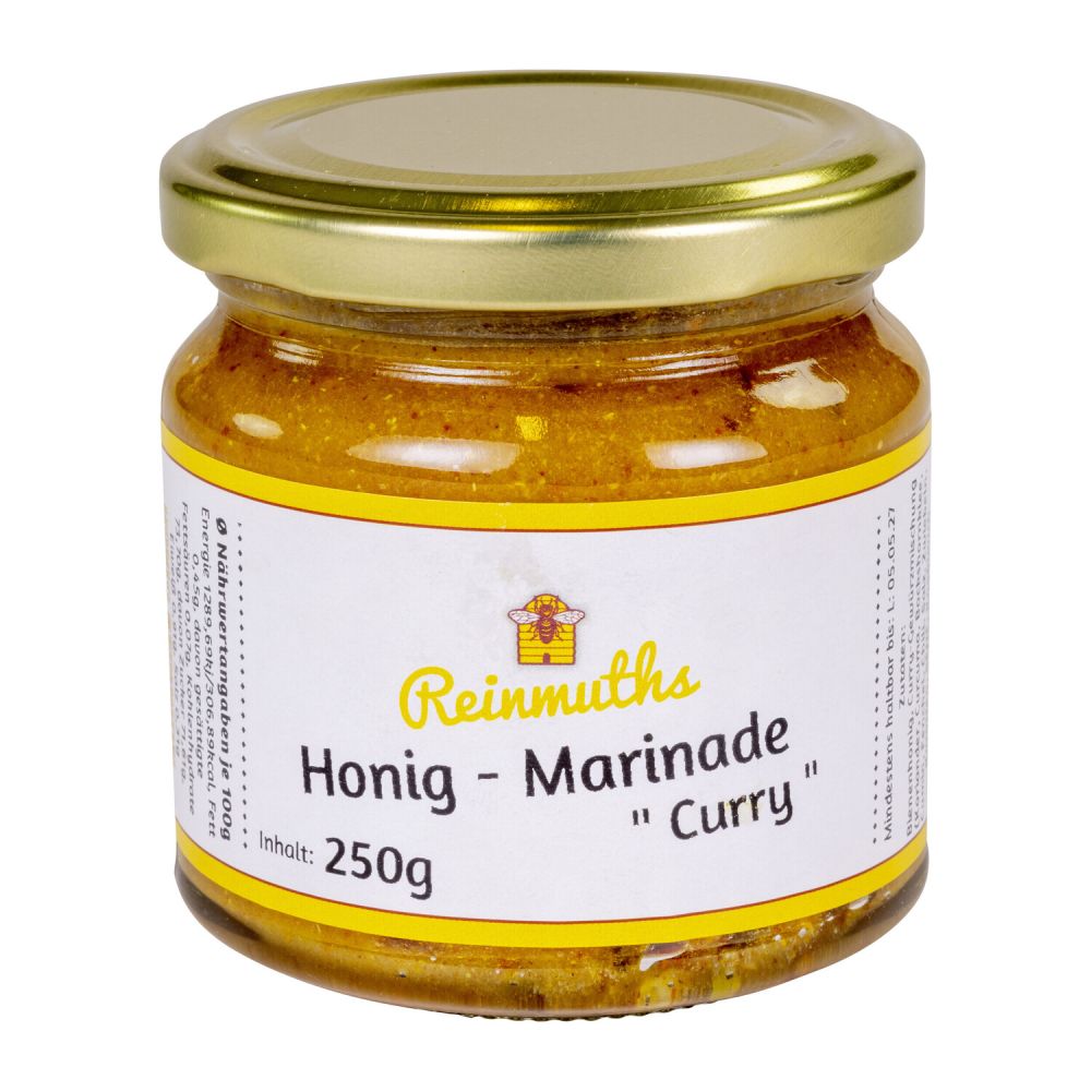 Glas mit goldenem Deckel und Etikett gefüllt mit einer Honig-Marinade