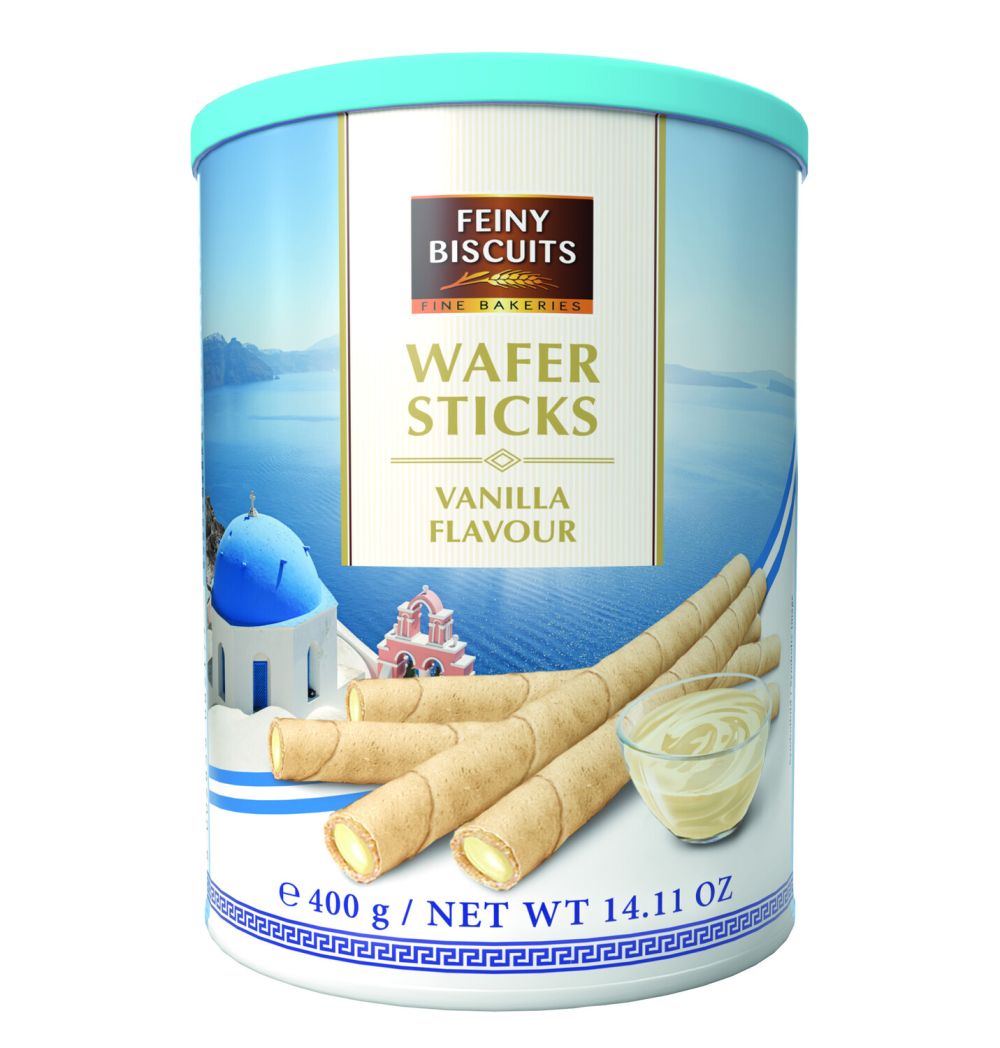runde Dose mit Waffelröllchen mit Vanillefüllung abgebildet