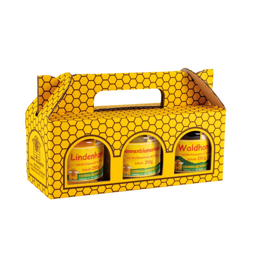 Honig im Tragekarton 3 Gläser Honig im Tragekarton mit Wabenmuster