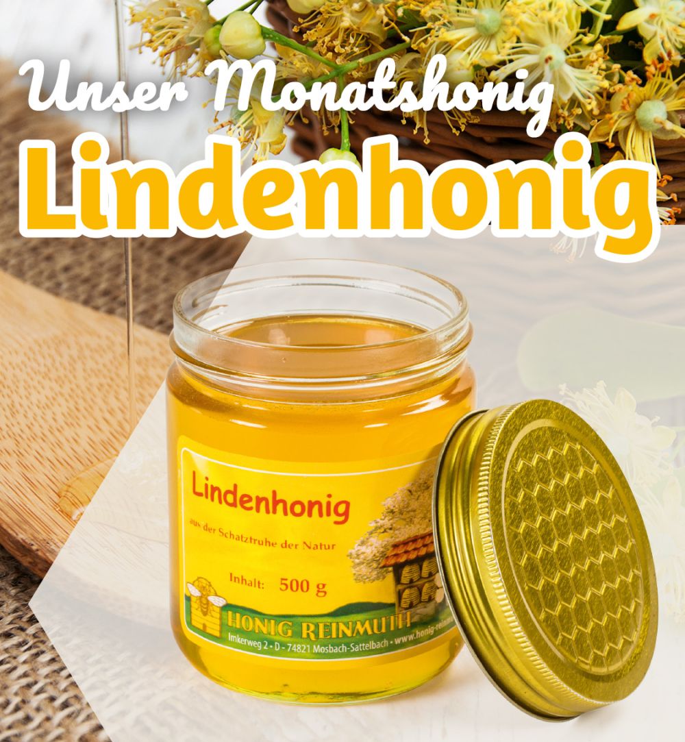 Ein offenes Glas Lindenhonig vor einem Hintergrundbild mit Lindenblüten