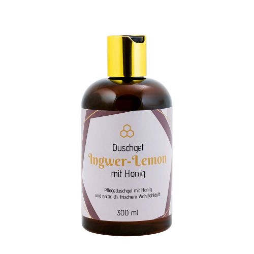 Ingwer-Lemon Duschgel mit Honig in einer braunen Flasche mit goldenem Deckel und Etikett