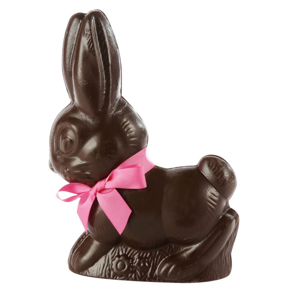 Osterhase aus Zartbitter-Schokolade, in Cellophan verpackt mit Schleifchen