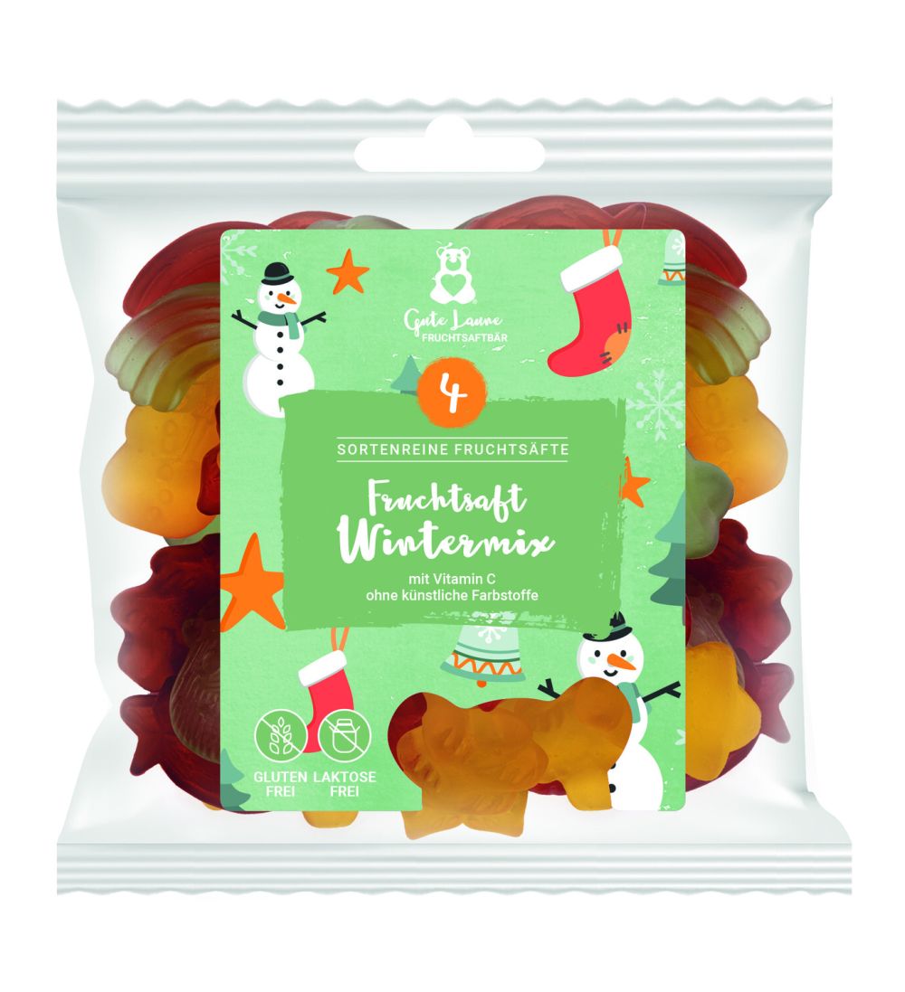 Cellophantüte mit Etikett mit Fruchtgummis gefüllt