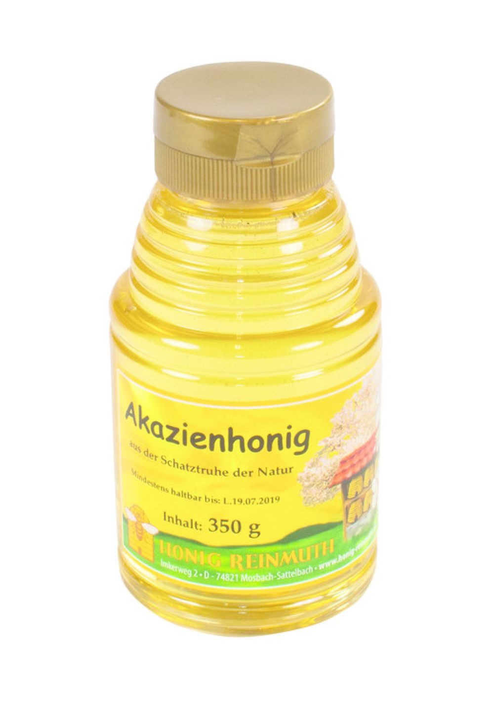 Spenderflasche mit Etikett gefüllt mit Akazienhonig