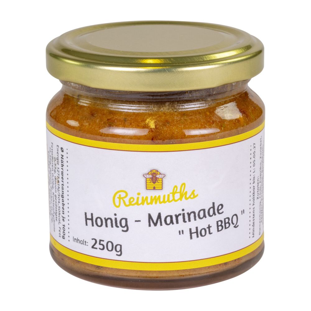 Glas mit goldenem Deckel und Etikett, gefüllt mit einer Honig-Marinade