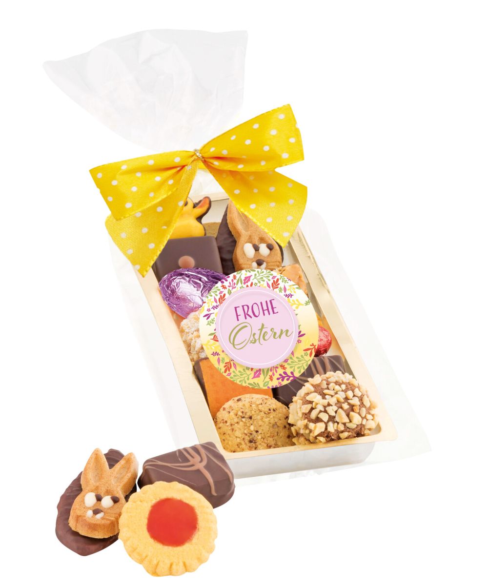 längliche Blisterpackung mit gelber Schleife mit Etikett 