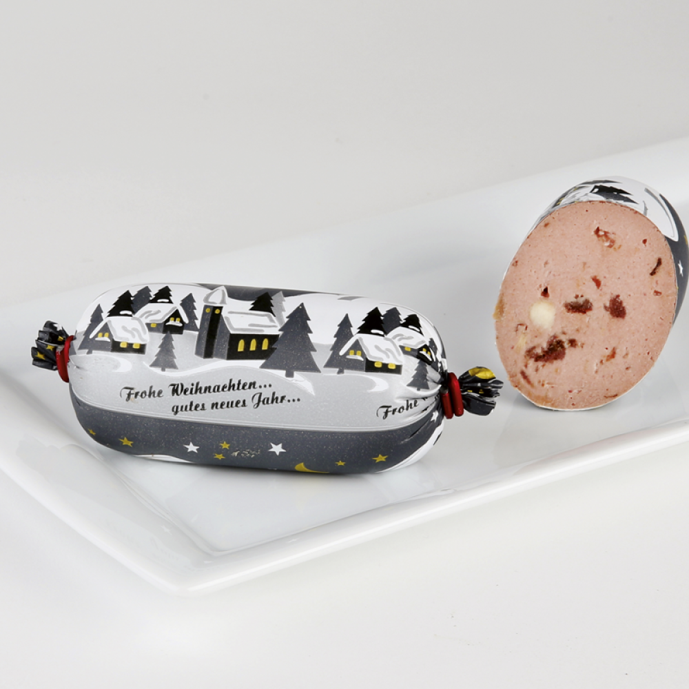 Weihnchatsleberwurst mit Apfel, Cranberry und Pflaumen.