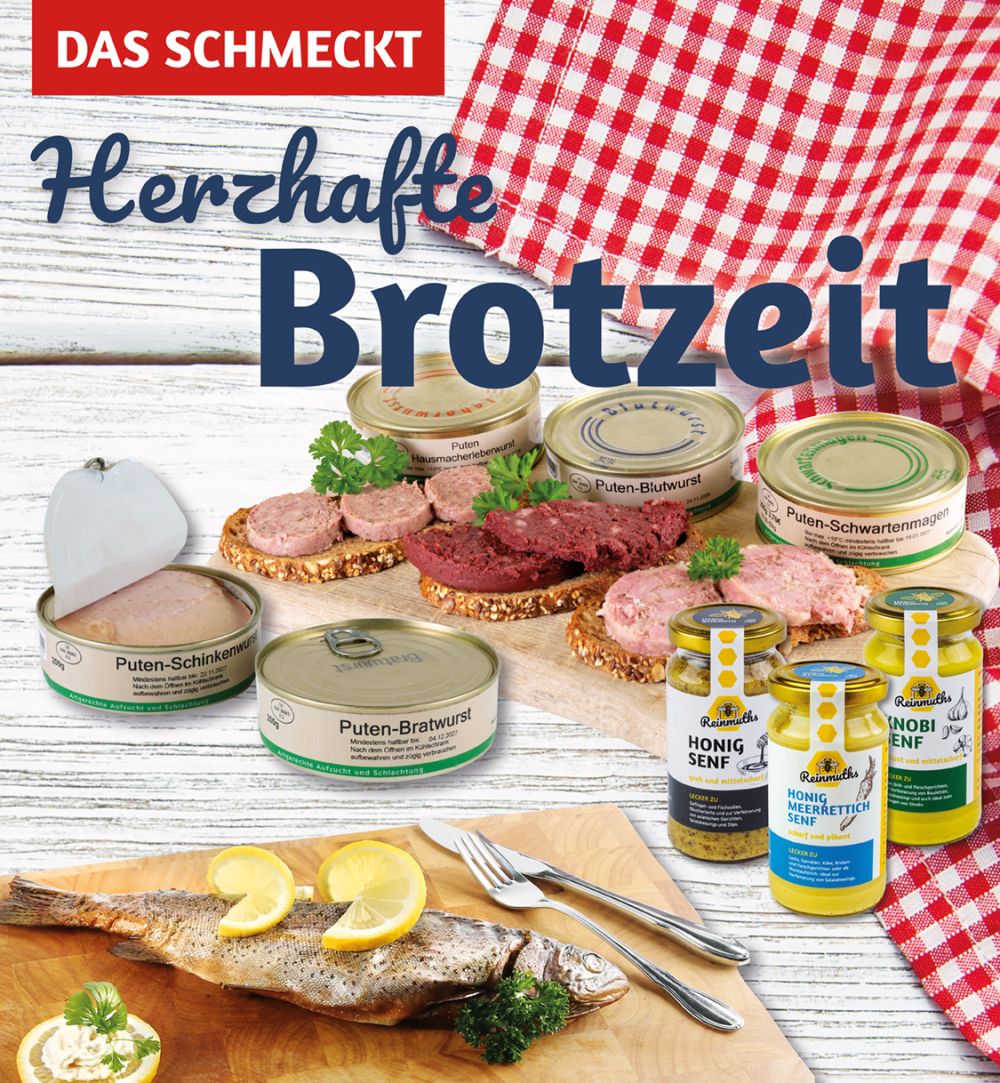 Fotomontage mit Forelle, Senf und Dosenwurst