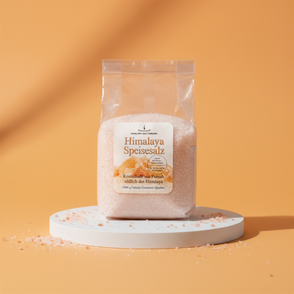 Plastikbeutel mit leicht rosafarbenen feinem Salz auf einem runden weißen Podest und orangefarbenen Hintergrund.